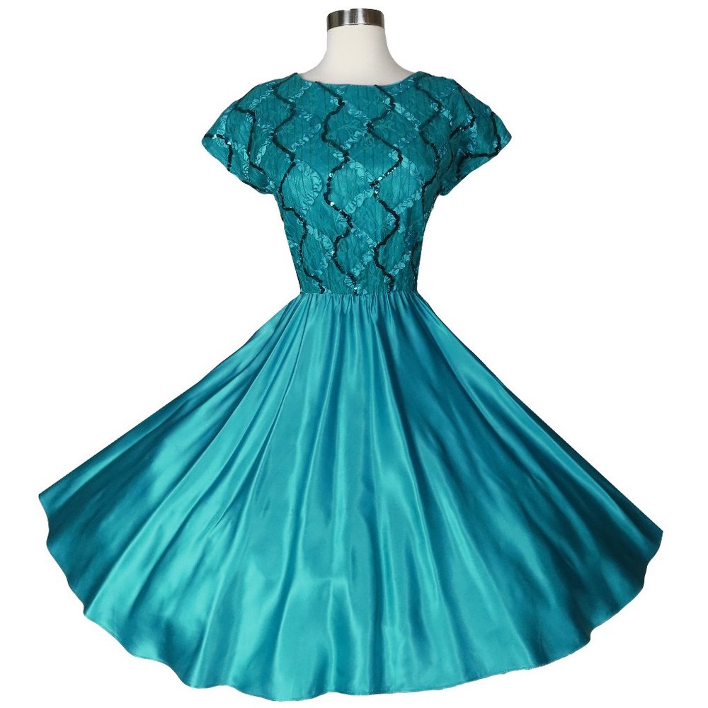 Vintage 80s 90s Teal Sequin Satin Full Skirt Prom Party Dress M Medium